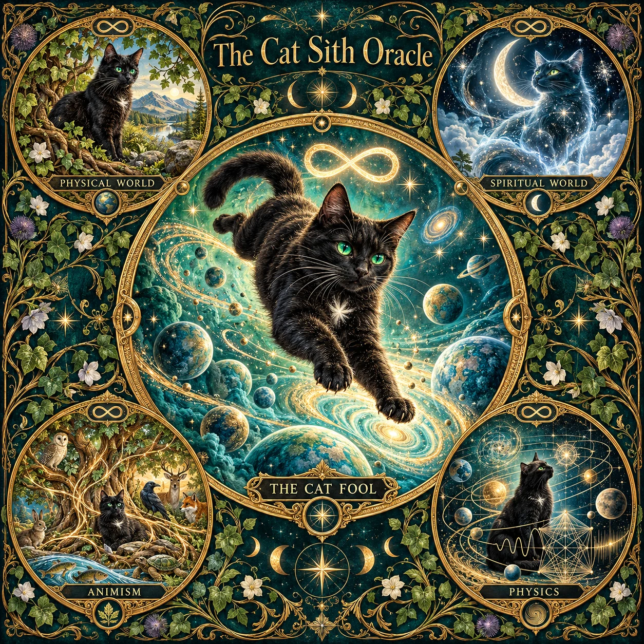 The Cat Fool plunges into a turquoise universe, surrounded by the physical world, spiritual world, animism and physics.
